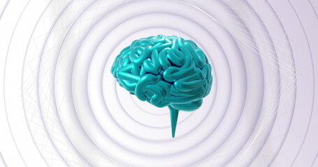 Image of rotating blue brain over concentric rotating grey rings