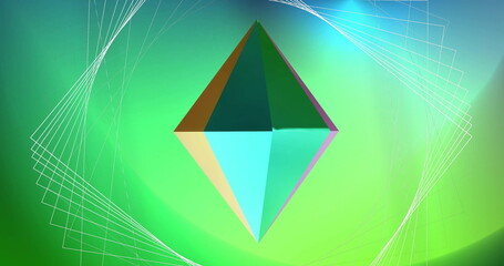 Image of network structure over metallic 3d diamond rotating on soft green background