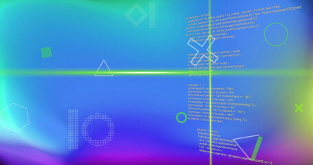 Image of white shapes and green scanner beams over data processing on blue and green background