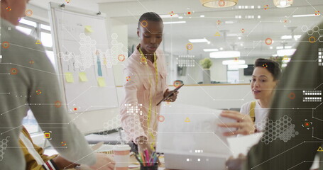 Image of processing data over diverse colleagues discussing at casual office meeting