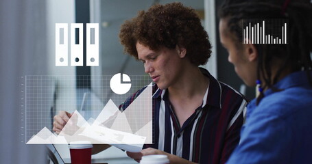 Image of media icons processing over diverse male colleagues talking at casual office