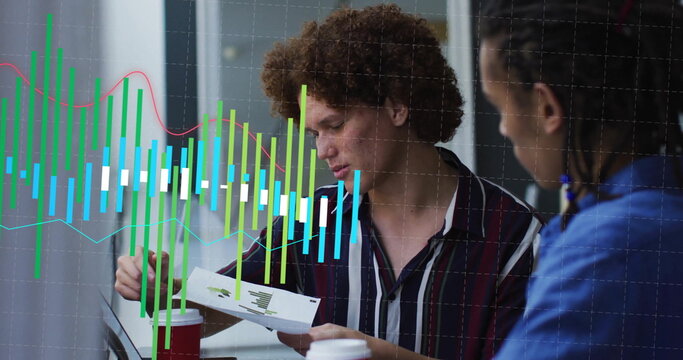 Image of graph processing data over diverse male colleagues talking at casual office