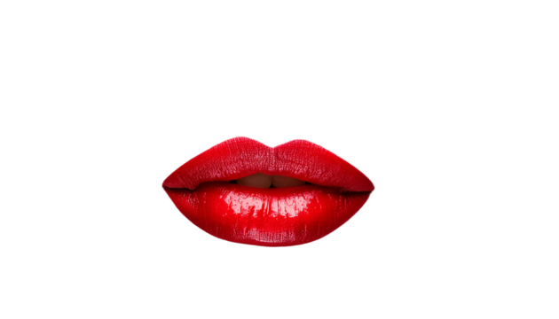 Close up of sexy caucasian woman perfect lips with red lipstick isolated on transparent background