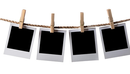 Four blank instant photo frames hanging on a rope, isolated on transparent background, png file