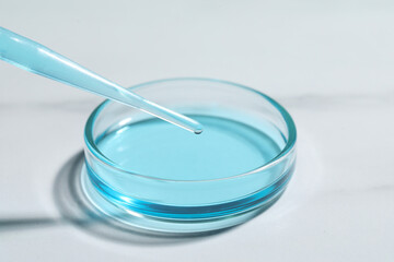 Dripping liquid from pipette into petri dish at white table, closeup