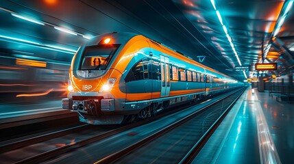 Fototapeta premium Modern Train Arriving at a Station Platform With Vibrant Lighting