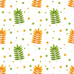 Orange and green ash leaves and dots repeating raster pattern