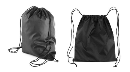 Collage of empty and filled black drawstring bag isolated on white