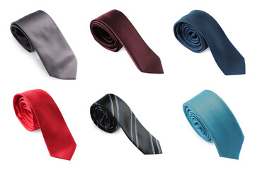 Many different ties isolated on white, set