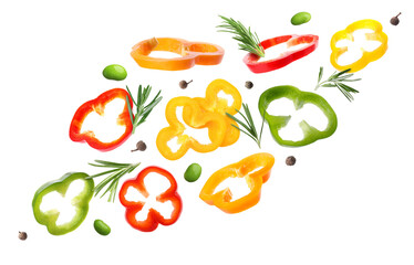 Cut bell peppers, green peas, rosemary and allspice in air on white background