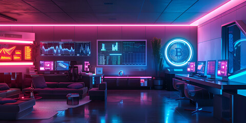 High-Tech Crypto Mining Workspace with Neon Lights, Modern Cryptocurrency Command Center Setup