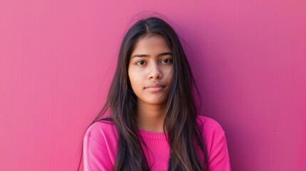 Fototapeta premium Young indian girl posing in front of vibrant pink wall with space for text, beauty and fashion concept