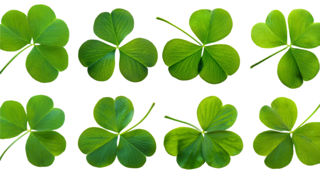 Collection set of green lucky clover and shamrock isolated on transparent background, Saint Patrick day celebration symbol, png file