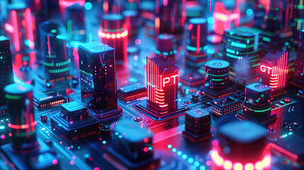 3D rendering of a tiny neon glowing computer chips city with a circuit board background and futuristic buildings and skyscrapers made from integrated circuits