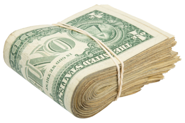Stack of one dollar American bills. Cash wad roll. Money rolled in half with rubber band. Green USA bank notes. USD banking saving 1$ bills. Isolated background. Paper money note. Business success. 