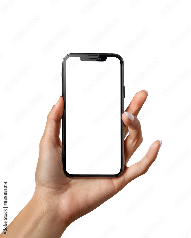 Poster hand holding a mobile phone with white blank display screen. mock up template with transparent backg