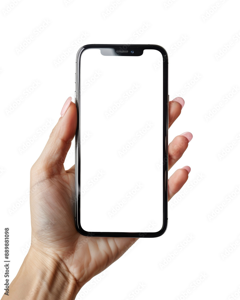 Poster hand holding a mobile phone with white blank display screen. mock up template with transparent backg