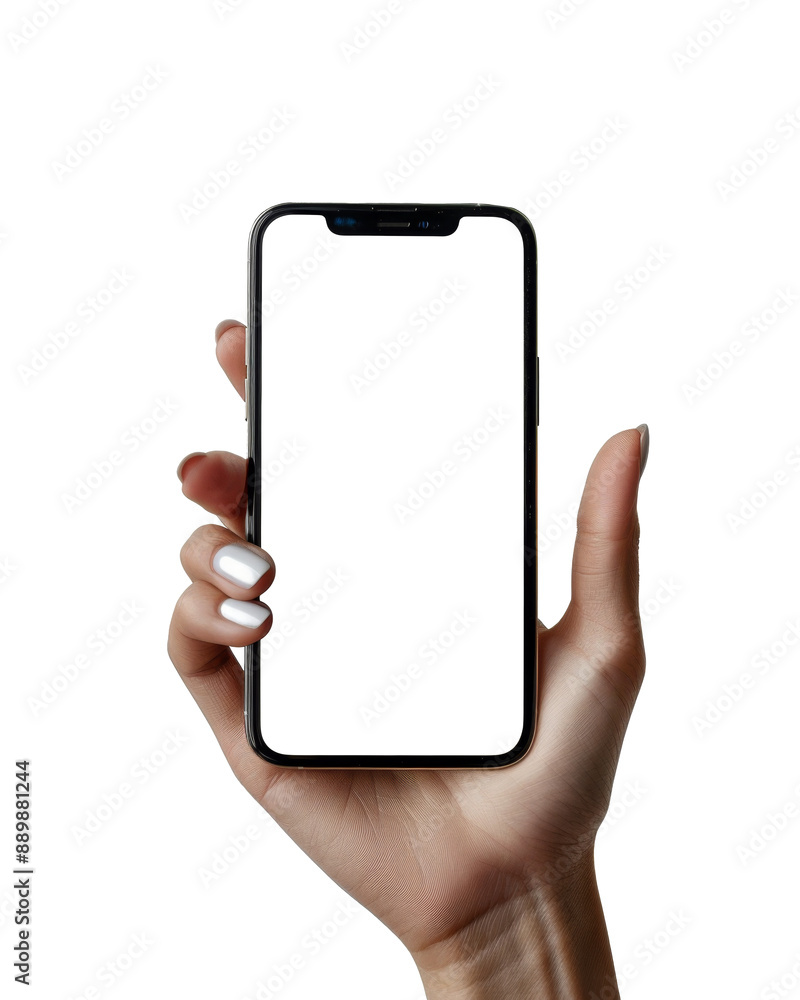 Poster hand holding a mobile phone with white blank display screen. mock up template with transparent backg