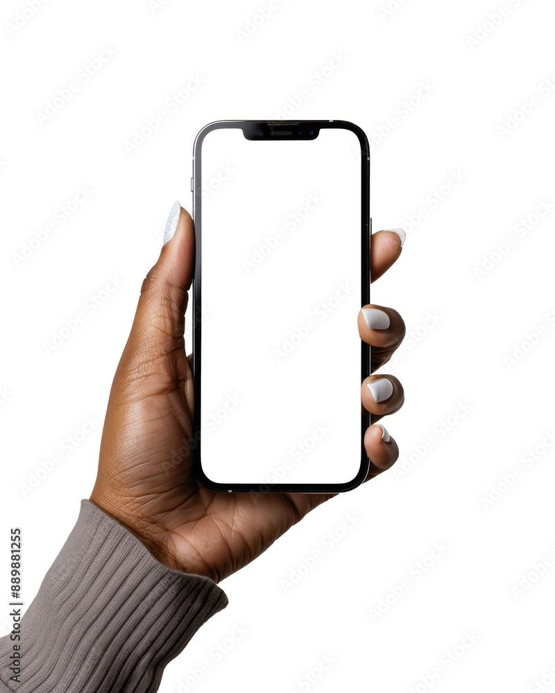 Poster hand holding a mobile phone with white blank display screen. mock up template with transparent backg