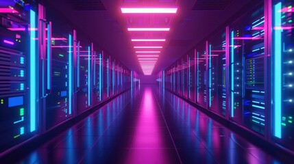 Fototapeta premium Futuristic Data Center Hallway with Neon Lights in the Middle for Technology and Business Design Concept
