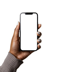 Hand holding a mobile phone with white blank display screen. Mock up template with transparent background