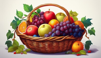 A wicker basket filled with colorful fruits like apples, oranges, and grapes, set on a simpl 