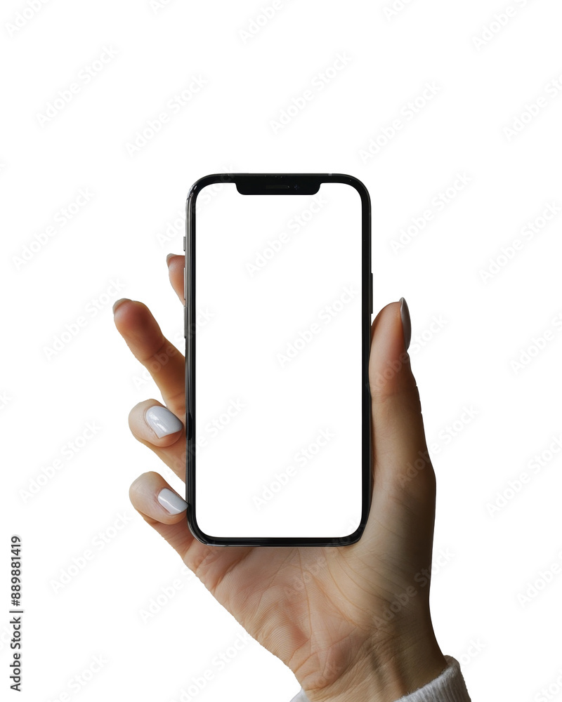 Poster hand holding a mobile phone with white blank display screen. mock up template with transparent backg