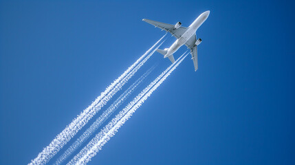 飛行機雲を引きながら紺碧の青空を飛行する旅客機をリアルに描いたAI生成画像 - Powered by Adobe