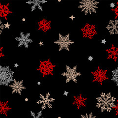 Christmas seamless pattern of beautiful complex red, gray and brown snowflakes on black background. Winter illustration with falling snow.