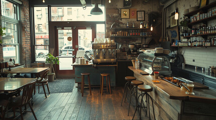 アメリカ合衆国ニューヨーク州にあるコーヒーショップをリアルに描いたAI生成画像