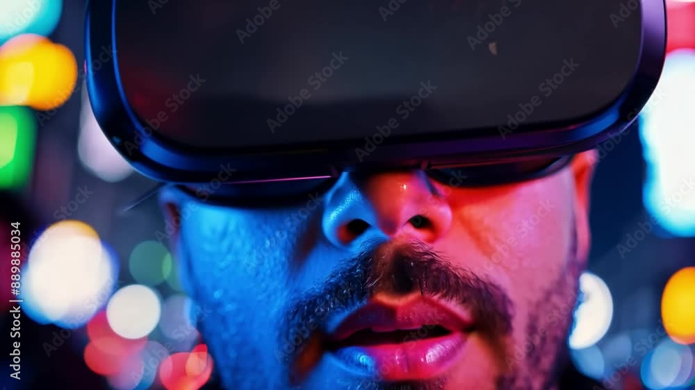 Poster a man with a beard wears a vr headset, illuminated by vibrant neon lights in the background.