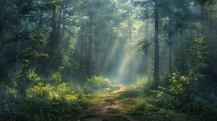Fototapeta premium A serene forest path with sunlight streaming through the trees, creating a peaceful and enchanting atmosphere.