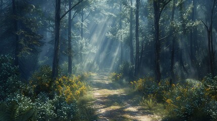 Obraz premium Serene forest path bathed in sunlight, creating a beautiful woodland scene with dappled light and lush greenery, perfect for nature and landscape themes.
