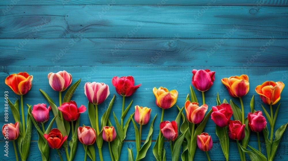 Canvas Prints A variety of tulips arranged in a row on a blue wooden background. AI.