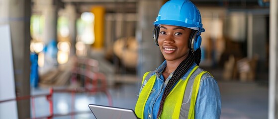 A smiling female construction worker wearing a hard hat and safety vest uses a tablet on a construction site. AI.