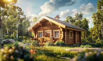 Small wooden house in the middle of a beautiful forest. AI.