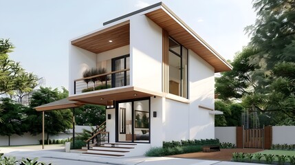 Minimalist Modern Two-Story House with Gable Roof and Wood Accents in Serene Natural Setting