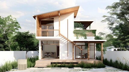 Contemporary Two-Story Residential House with Wooden Accents,Gable Roof,and Open Outdoor Spaces