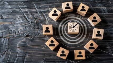 Connecting Customer Focus Group, Wooden Blocks Arranged in CRM Strategy Concept with Human and Target Icons