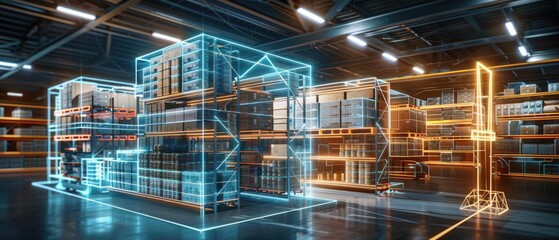 Futuristic digital warehouse using augmented reality: smart logistics, ecommerce and delivery concept in modern industry