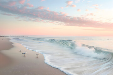 Dawn's Gentle Embrace: A Serene Coastal Landscape with Pier and Seagulls in Soft Pastel Sunrise
