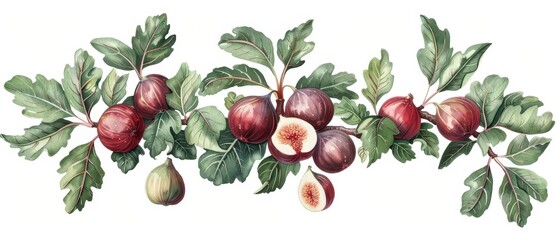 A fig tree adorned with ripe fruits in a watercolor illustration, isolate on white background