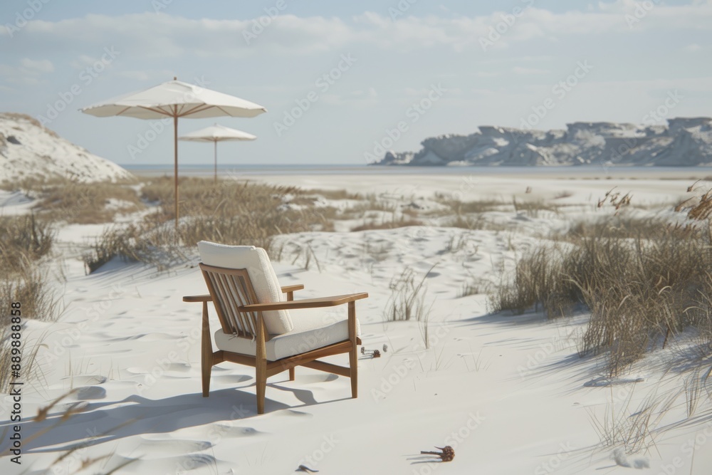 Aufkleber minimalistic beach scene with a wooden chair facing the ocean capturing simplicity and tranquility i