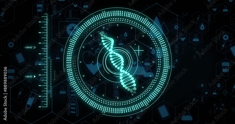 Sticker Image of dna strand and digital data processing over black background