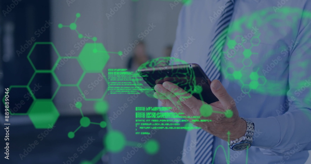 Poster image of human brains and digital data processing over caucasian man using tablet