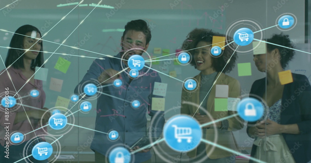 Poster image of network of connections with icons over diverse colleagues discussing work in office