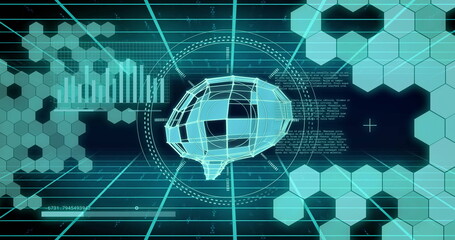 Image of human brain and digital data processing over black background