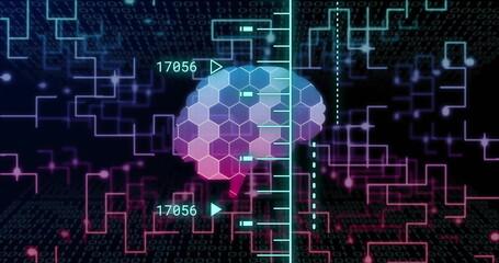 Image of human brain and digital data processing over black background