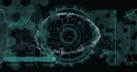 Image of human brain and digital data processing over black background