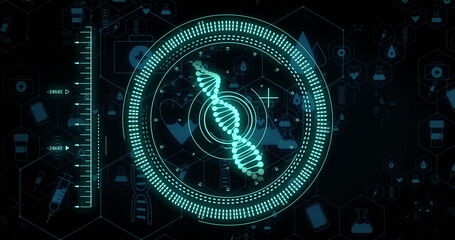 Image of dna strand and digital data processing over black background